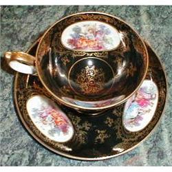 LEFTON Footed Cup & Saucer Black & Gold FANCY #873891
