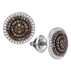 10kt White Gold Round Brown Diamond Concentric Cluster Earrings 1/2 Cttw