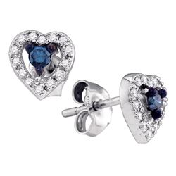 10kt White Gold Round Blue Color Enhanced Diamond Heart Stud Earrings 1/5 Cttw