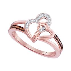 10kt Rose Gold Round Red Color Enhanced Diamond Joined Hearts Ring 1/10 Cttw