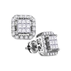14kt White Gold Princess Diamond Square Frame Cluster Stud Earrings 1.00 Cttw
