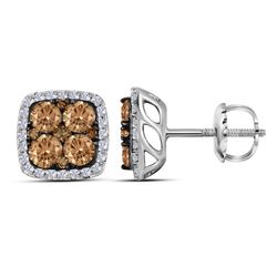 14kt White Gold Round Brown Diamond Square Cluster Earrings 1.00 Cttw