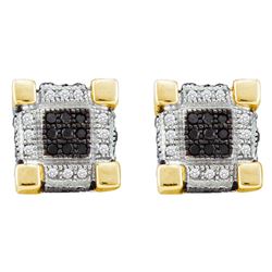 10kt Yellow Gold Mens Round Diamond 3D Cube Square Cluster Stud Earrings 1/4 Cttw