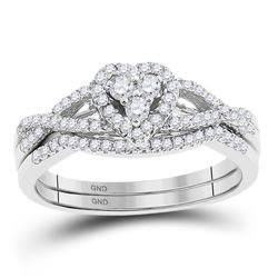 10kt White Gold Round Diamond Heart Bridal Wedding Engagement Ring Band Set 3/8 Cttw