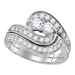 10kt White Gold Round Diamond 2-Stone Hearts Together Bridal Wedding Engagement Ring Band Set 1/2 Ct