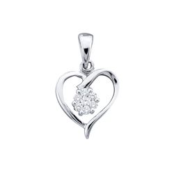 10kt White Gold Round Diamond Flower Cluster Heart Pendant 1/12 Cttw