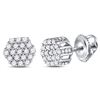 Image 1 : 14kt White Gold Mens Round Diamond Hexagon Cluster Earrings 1/4 Cttw