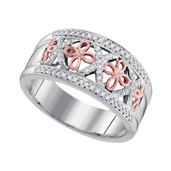 10kt White Two-tone Gold Round Diamond Rose Cross Band Ring 1/5 Cttw