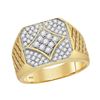 Image 1 : 10kt Yellow Gold Mens Round Diamond Square Cluster Textured Ring 3/4 Cttw