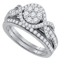 14kt White Gold Round Diamond Cluster Bridal Wedding Engagement Ring Band Set 1.00 Cttw