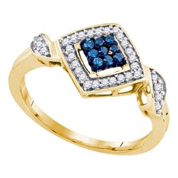 10kt Yellow Gold Round Blue Color Enhanced Diamond Diagonal Square Cluster Ring 1/4 Cttw