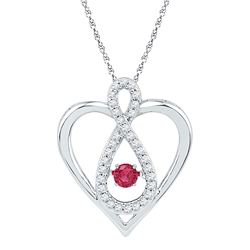10kt White Gold Round Lab-Created Ruby Diamond Infinity Heart Pendant 1/4 Cttw