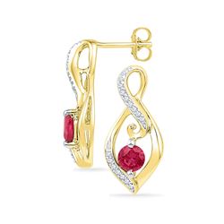 10kt Yellow Gold Round Lab-Created Ruby Solitaire Oval Diamond Earrings 1.00 Cttw