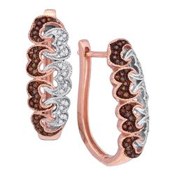 10kt Rose Gold Round Red Color Enhanced Diamond Heart Hoop Earrings 1/4 Cttw
