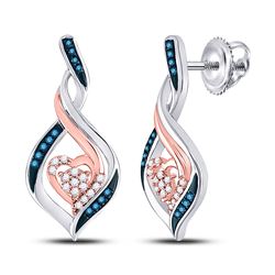 10kt White Gold Round Blue Color Enhanced Diamond Rose-tone Heart Earrings 1/6 Cttw