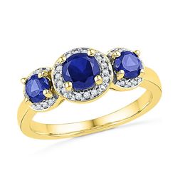 10kt Yellow Gold Round Lab-Created Blue Sapphire 3-stone Diamond Ring 1-3/8 Cttw