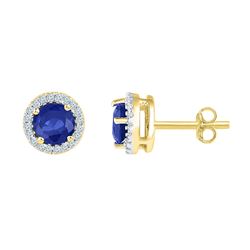 10kt Yellow Gold Round Lab-Created Blue Sapphire Diamond Stud Earrings 1-1/2 Cttw