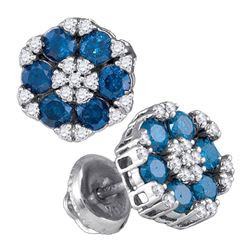 10kt White Gold Round Blue Color Enhanced Diamond Cluster Screwback Earrings 1.00 Cttw