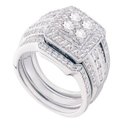 14kt White Gold Round Diamond Halo 3-Piece Bridal Wedding Engagement Ring Band Set 1-1/2 Cttw