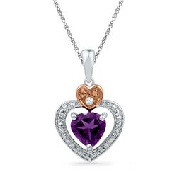10kt Two-tone Gold Heart Lab-Created Amethyst & Diamond Heart Pendant 3/4 Cttw
