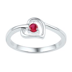 Sterling Silver Round Lab-Created Ruby Solitaire Heart Ring 1/5 Cttw