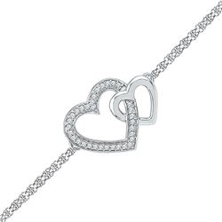 Sterling Silver Round Diamond Double Heart Chain Bracelet 1/10 Cttw
