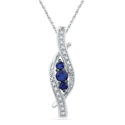 10kt White Gold Round Lab-Created Blue Sapphire 3-stone Diamond-accent Pendant 1/20 Cttw