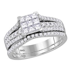 14kt White Gold Princess Diamond Cluster Bridal Wedding Engagement Ring Band Set 1.00 Cttw