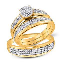 10kt Yellow Gold His & Hers Round Diamond Cluster Matching Bridal Wedding Ring Band Set 1/2 Cttw