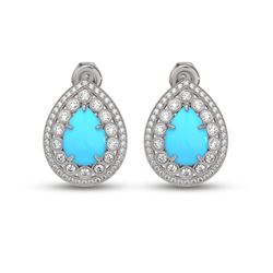 7.54 ctw Turquoise & Diamond Victorian Earrings 14K White Gold