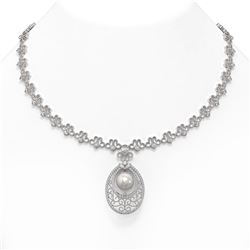 9 ctw Mixed Cut Diamond with Pearl Necklace 18K White Gold