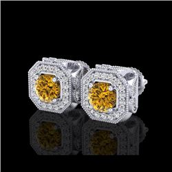 2.75 ctw Intense Fancy Yellow Diamond Art Deco Earrings 18K White Gold