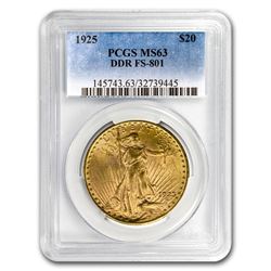 1925 $20 Saint-Gaudens Gold Double Eagle MS-63 PCGS (DDR FS-801)