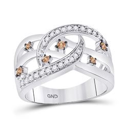 10kt White Gold Round Brown Diamond Openwork Crossover Strand Band 1/3 Cttw