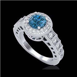1.53 ctw Fancy Intense Blue Diamond Art Deco Ring 18K White Gold