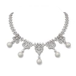 24 ctw Diamond and Pearl Necklace 18K White Gold