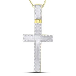 10kt Yellow Gold Mens Princess Round Diamond Inset Cross Charm Pendant 2-1/2 Cttw
