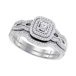 10kt White Gold Princess Diamond Double Halo Bridal Wedding Engagement Ring Band Set 1/10 Cttw