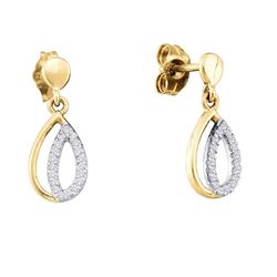 10kt Yellow Gold Round Diamond Teardrop Dangle Screwback Earrings 1/8 Cttw