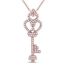 10kt Rose Gold Round Diamond Trefoil Heart Key Pendant 1/5 Cttw