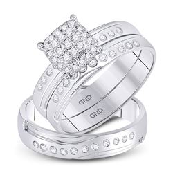 14kt White Gold His & Hers Round Diamond Cluster Matching Bridal Wedding Ring Band Set 1/3 Cttw