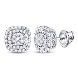 14kt White Gold Round Diamond Cushion Halo Cluster Earrings 1/2 Cttw