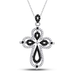 10kt White Gold Round Black Color Enhanced Diamond Cross Faith Pendant 1/2 Cttw
