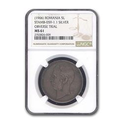 (1906) Romania 5 Lei Silver Obverse Die Trial Carol I MS 61-NGC