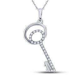 10kt White Gold Round Pave-set Diamond Key Pendant 1/10 Cttw
