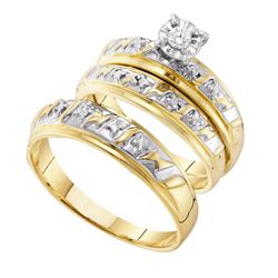 14kt Two-tone Gold His & Hers Round Diamond Solitaire Matching Bridal Wedding Ring Band Set 1/12 Ctt