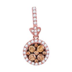 14kt Rose Gold Round Brown Diamond Circle Frame Cluster Pendant 1/2 Cttw