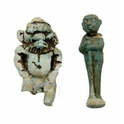 Lot of 2 Ancient Egyptian Blue Faience Amulets Bes,