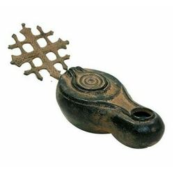 Ancient Byzanine Bronze Oil Lamp with Cross c.6th-8th