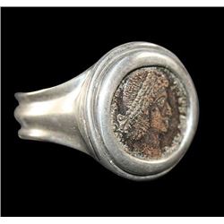 Ancient Roman Constantine Bronze Coin Set in Silver